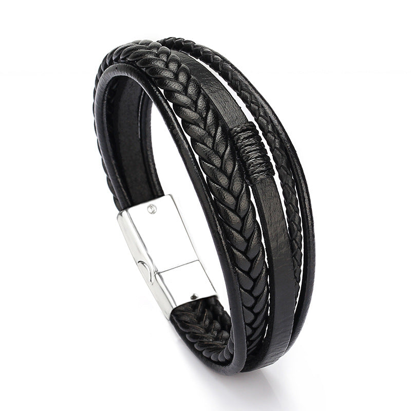 Multi Layer Pu Leather Rope Hand Woven Antique Magnetic Buckle Jewelry Bracelet Men'S Bracelet