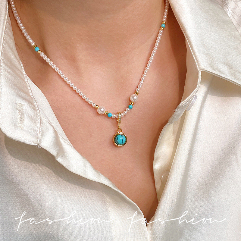 Natural Blue Turquoise Glass Pearl Beaded Necklace