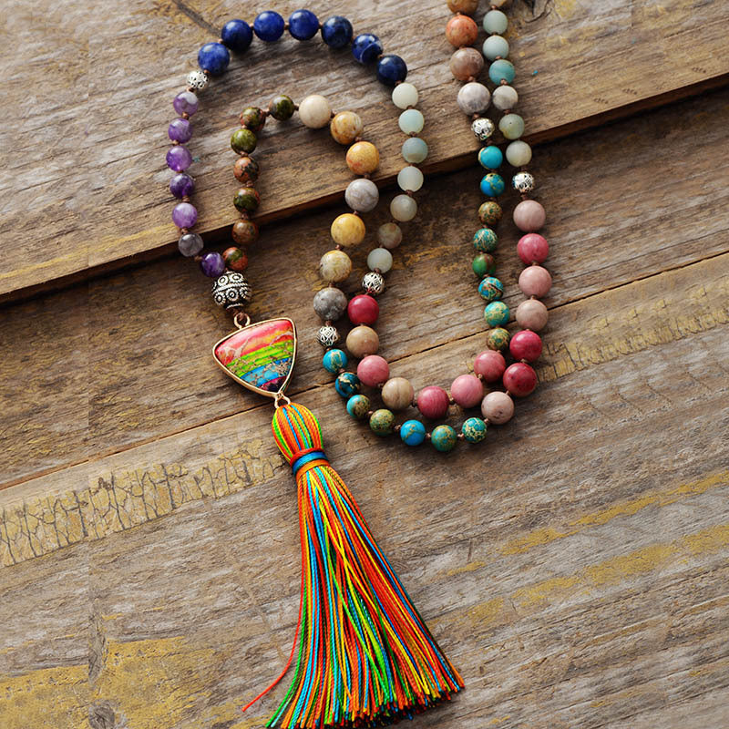 7 Color Chakra Natural Stone Knotted Pendant Tassel Necklace