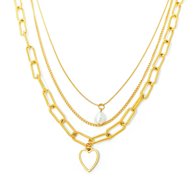 Pearl Heart-shaped Trendy Necklace Popular Titanium Steel Multi-layer Sweater Chain With A Distinctive Elegant Vibe