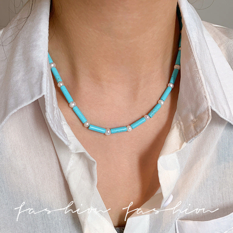 Natural Pearl And Turquoise Beaded Necklace