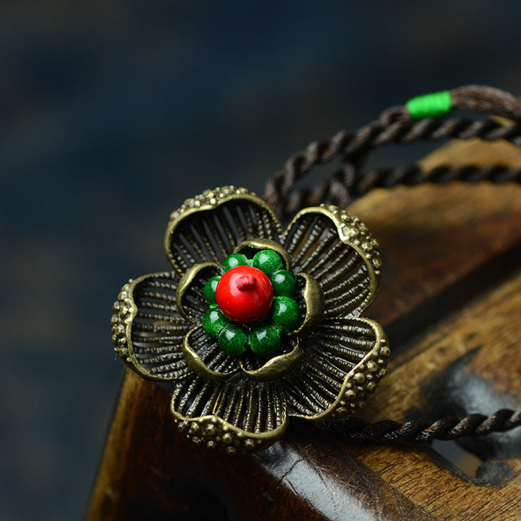 Copper Flower Retro Button Long Necklace