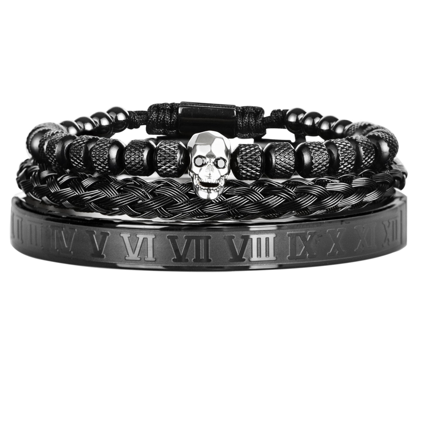 Cross-Section Ghost Head Braided Bracelet Set In Stainless Steel