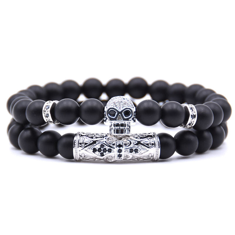 Natural Stone Micro Inlaid Skull Head Copper Jewelry Bracelet