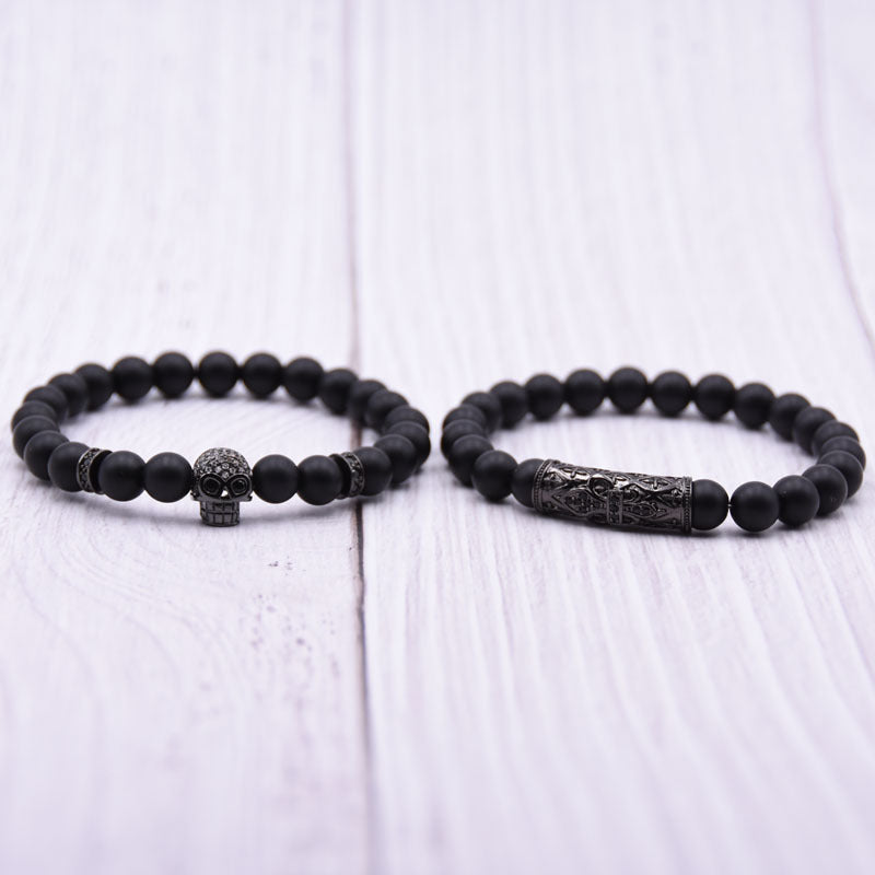 Natural Stone Micro Inlaid Skull Head Copper Jewelry Bracelet