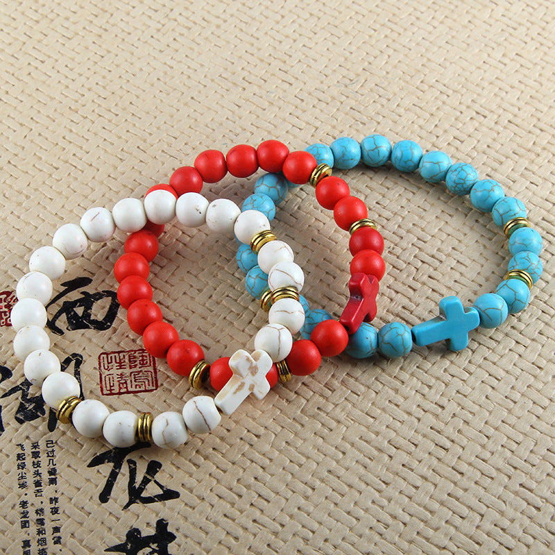 Natural Stone Cross Men Bracelet DIY Black Matte Beaded Multiple Colour Beads Buddha Charm Bracelets