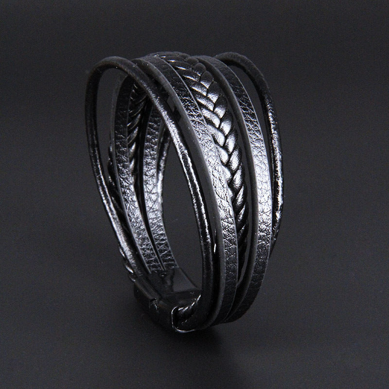 Multi Layer Pu Leather Rope Hand Woven Antique Magnetic Buckle Jewelry Bracelet Men'S Bracelet