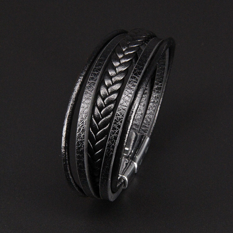 Multi Layer Pu Leather Rope Hand Woven Antique Magnetic Buckle Jewelry Bracelet Men'S Bracelet