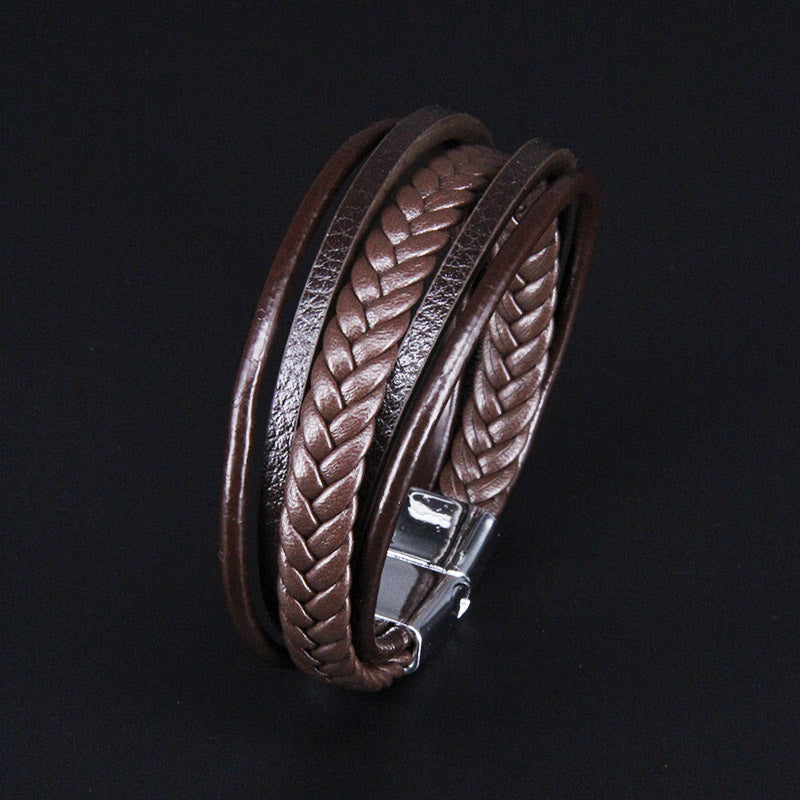 Multi Layer Pu Leather Rope Hand Woven Antique Magnetic Buckle Jewelry Bracelet Men'S Bracelet