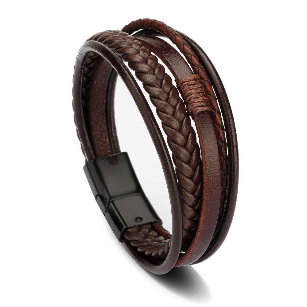Multi Layer Pu Leather Rope Hand Woven Antique Magnetic Buckle Jewelry Bracelet Men'S Bracelet