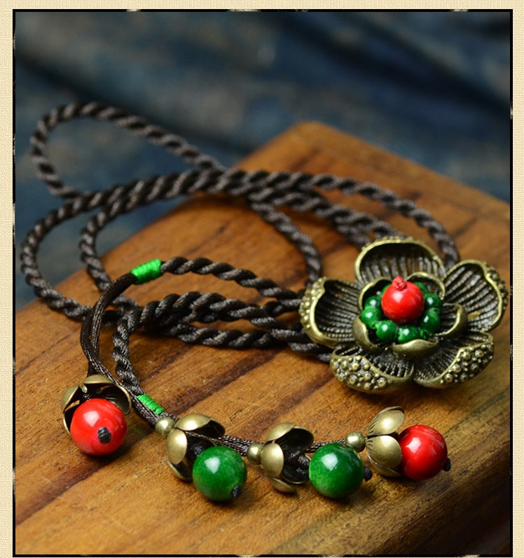 Copper Flower Retro Button Long Necklace