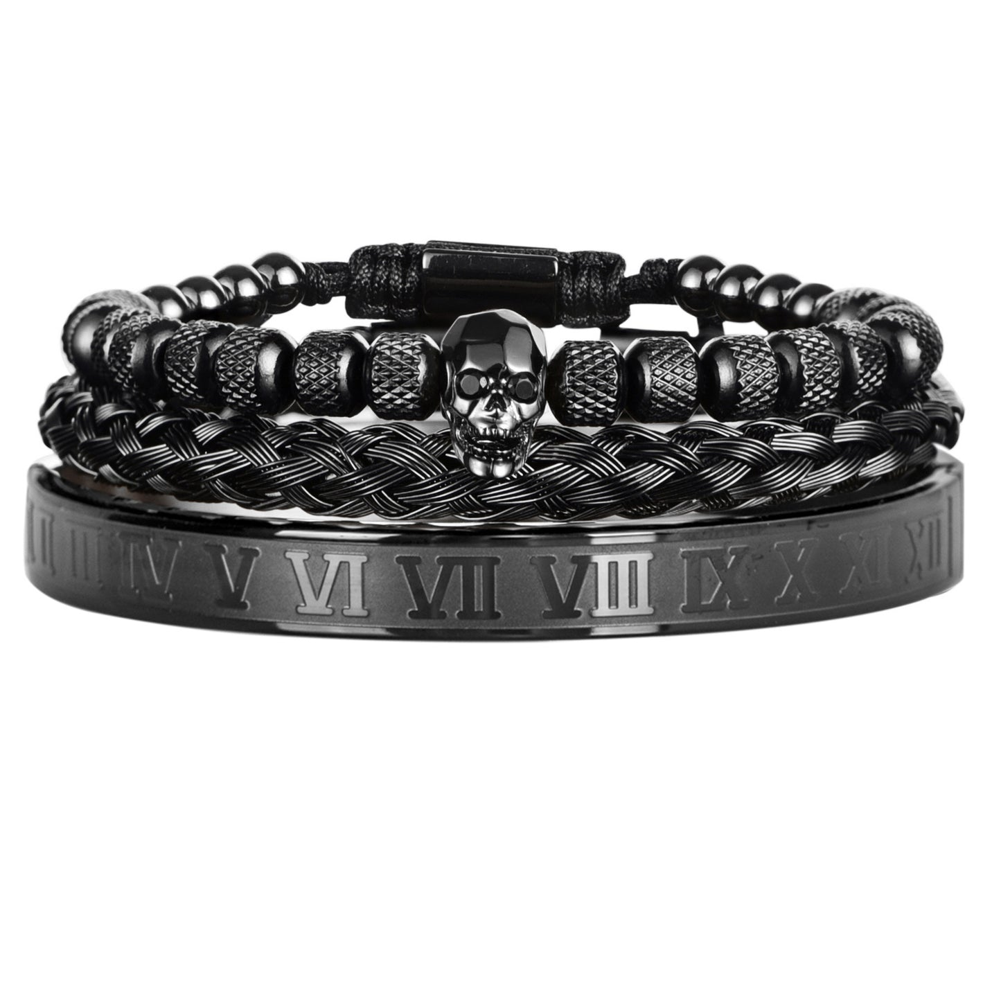 Cross-Section Ghost Head Braided Bracelet Set In Stainless Steel
