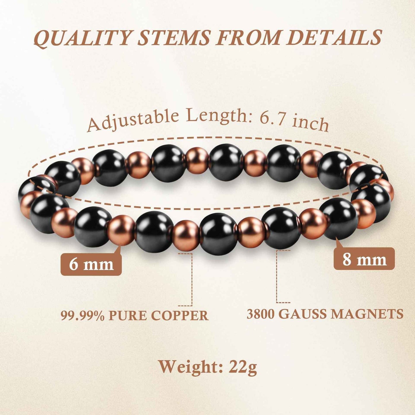 Copper Bead Magnet 6mm Women's Copper Bead Black Magnet Bracelet