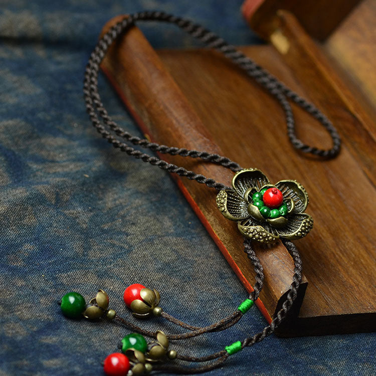 Copper Flower Retro Button Long Necklace