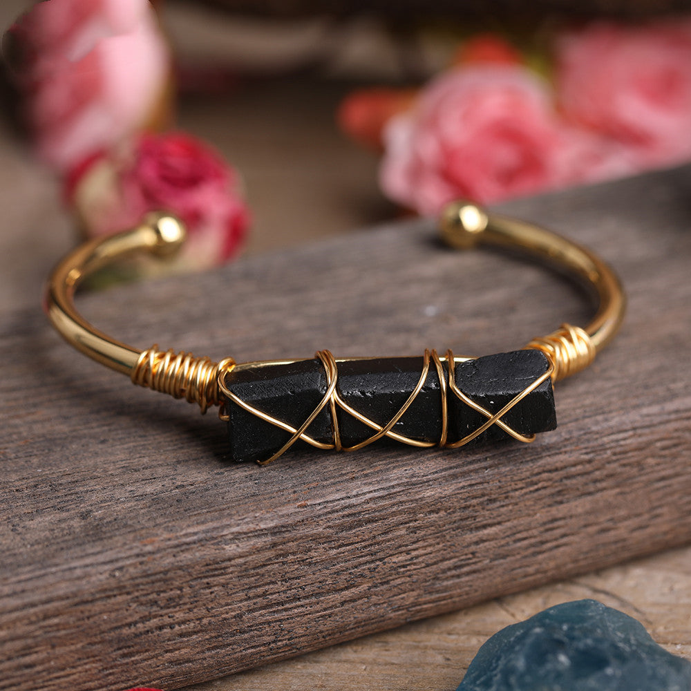Gold Copper Wire Winding Bracelet Natural Black Tourmaline Beads