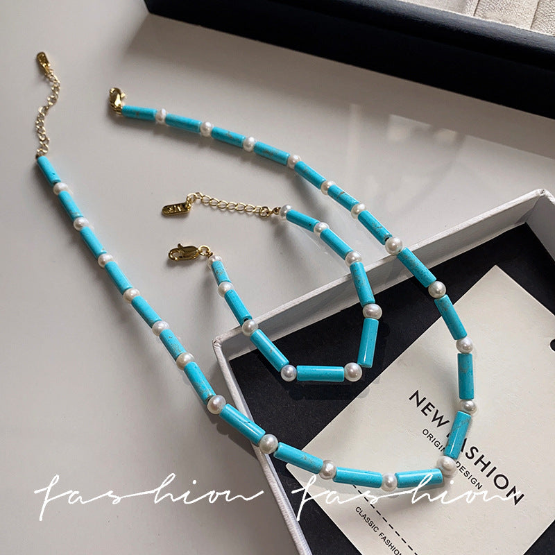 Natural Pearl And Turquoise Beaded Necklace