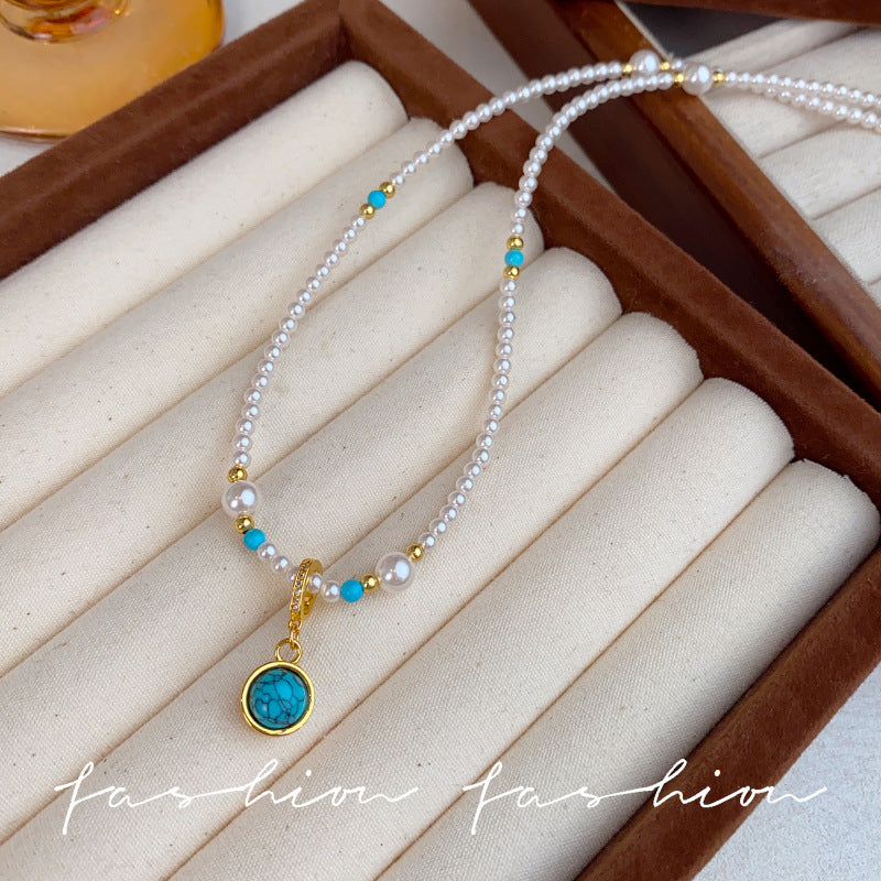 Natural Blue Turquoise Glass Pearl Beaded Necklace