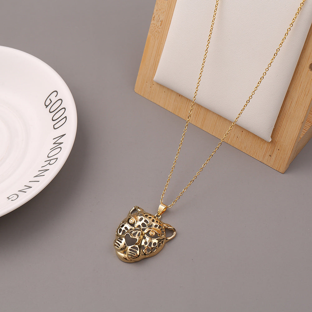 Copper Exaggerated Hollow Leopard Head Pendant Necklace