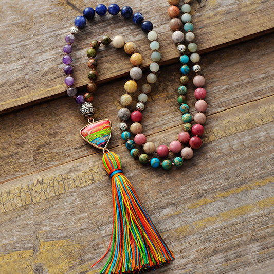 7 Color Chakra Natural Stone Knotted Pendant Tassel Necklace