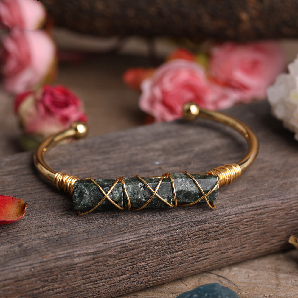 Gold Copper Wire Winding Bracelet Natural Black Tourmaline Beads
