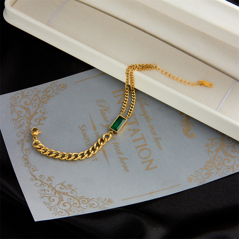 Fashionable Niche Retro Metal Square Green Diamond Versatile Bracelet