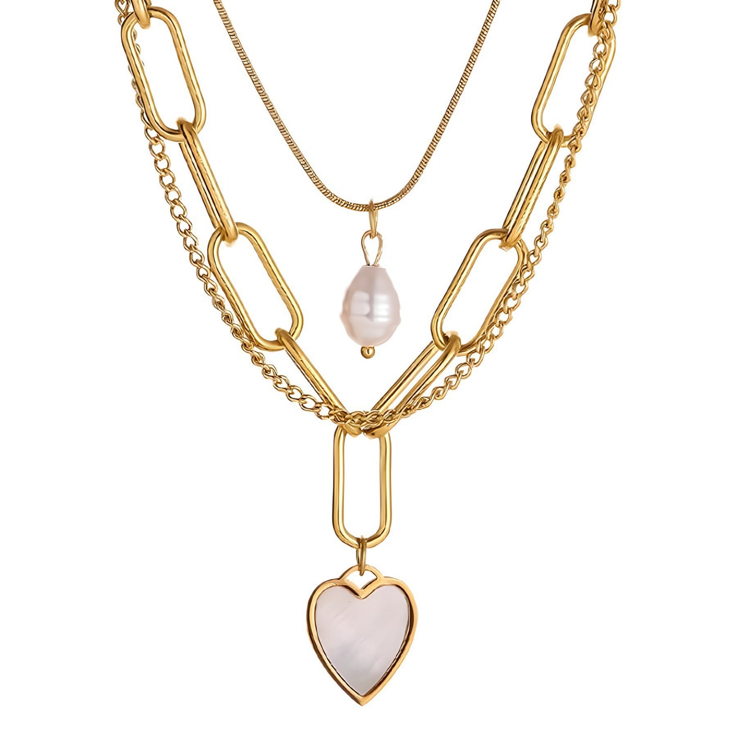 Pearl Heart-shaped Trendy Necklace Popular Titanium Steel Multi-layer Sweater Chain With A Distinctive Elegant Vibe