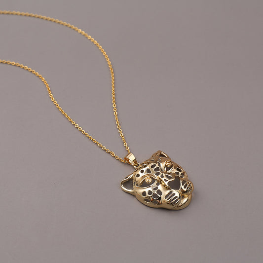 Copper Exaggerated Hollow Leopard Head Pendant Necklace