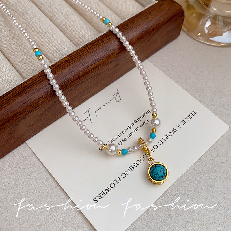 Natural Blue Turquoise Glass Pearl Beaded Necklace