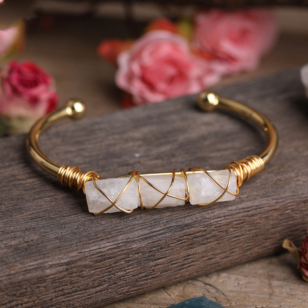 Gold Copper Wire Winding Bracelet Natural Black Tourmaline Beads