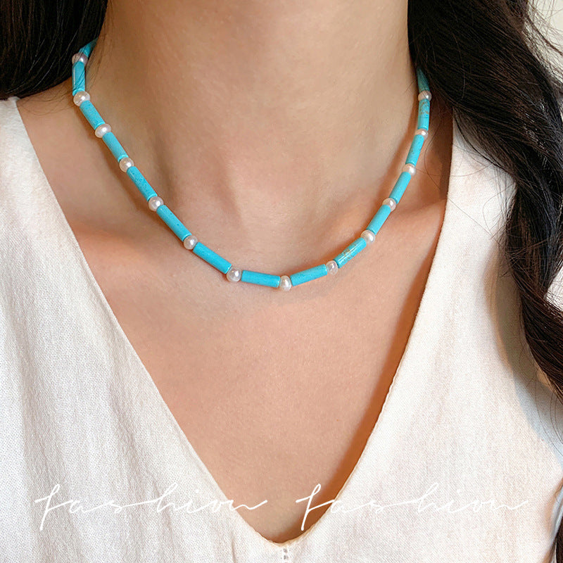 Natural Pearl And Turquoise Beaded Necklace