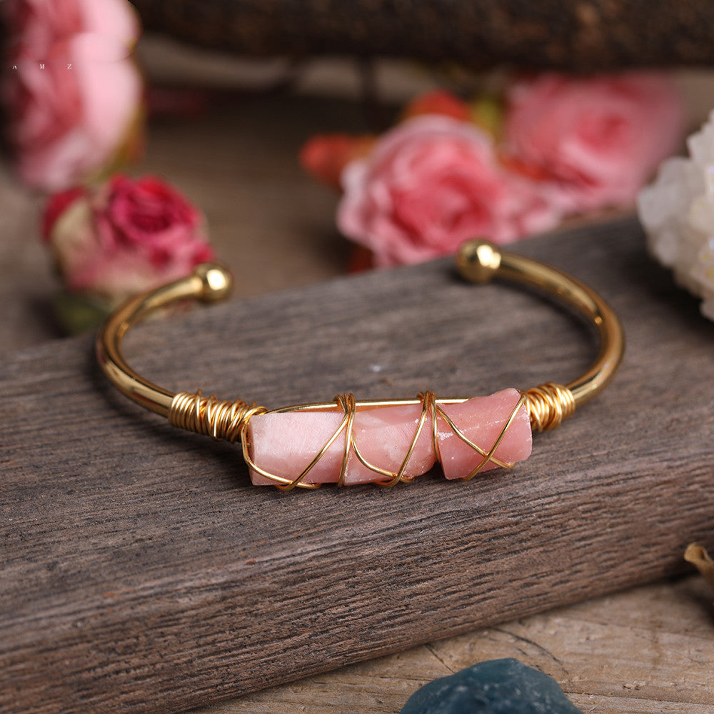Gold Copper Wire Winding Bracelet Natural Black Tourmaline Beads
