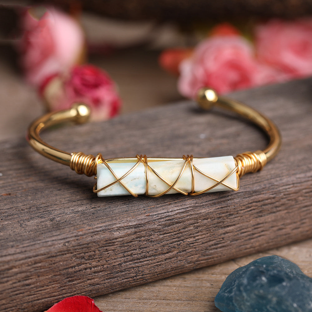 Gold Copper Wire Winding Bracelet Natural Black Tourmaline Beads