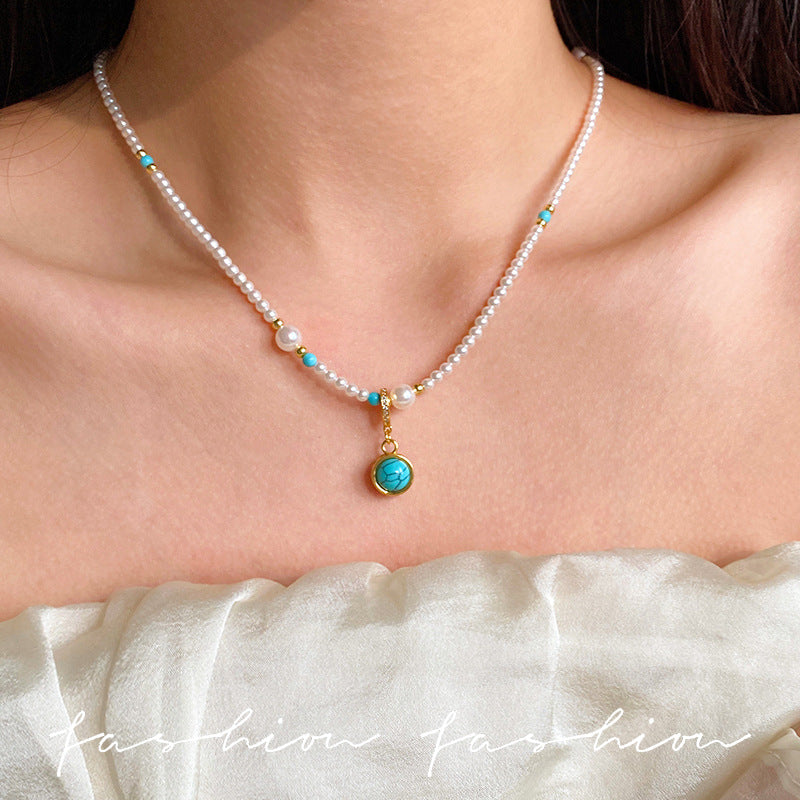 Natural Blue Turquoise Glass Pearl Beaded Necklace