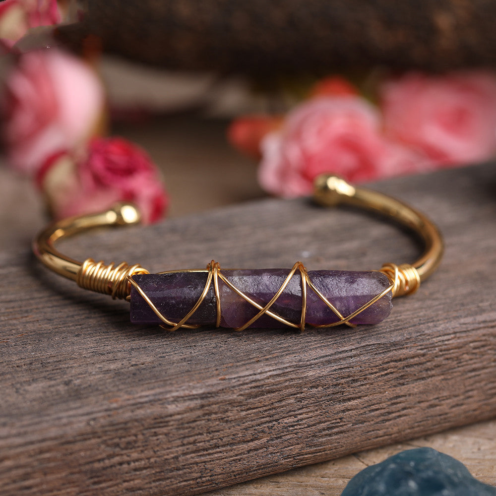Gold Copper Wire Winding Bracelet Natural Black Tourmaline Beads