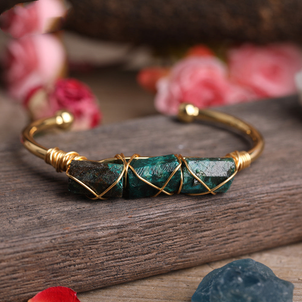 Gold Copper Wire Winding Bracelet Natural Black Tourmaline Beads