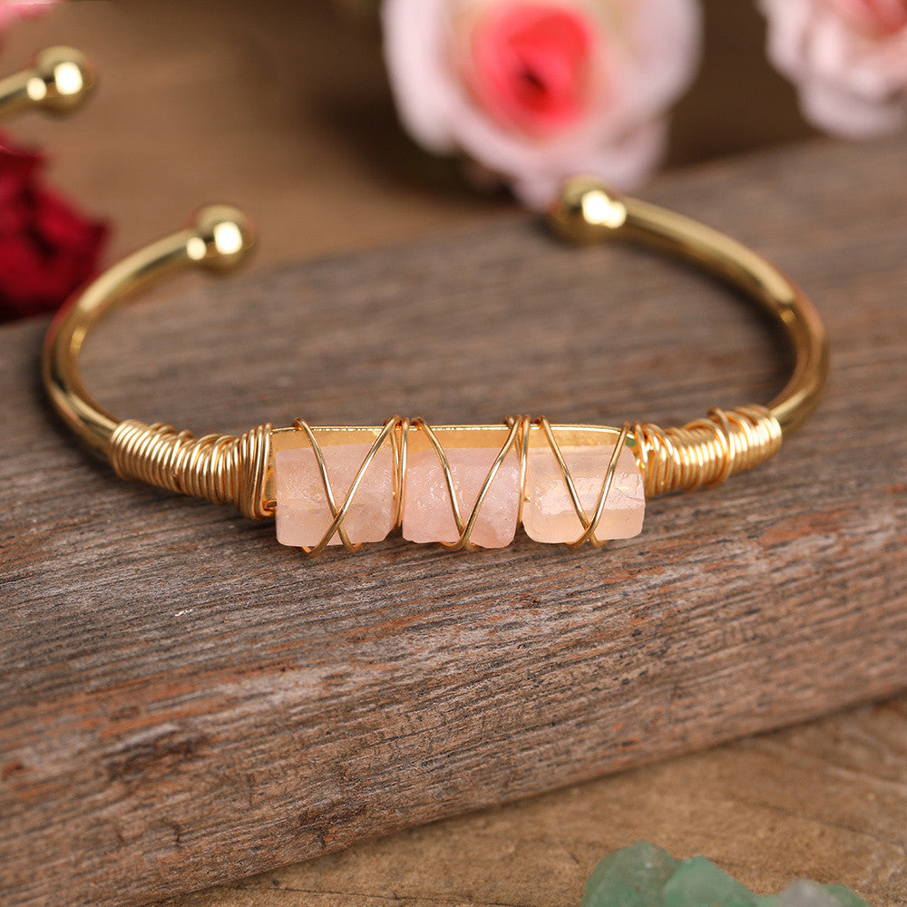 Gold Copper Wire Winding Bracelet Natural Black Tourmaline Beads