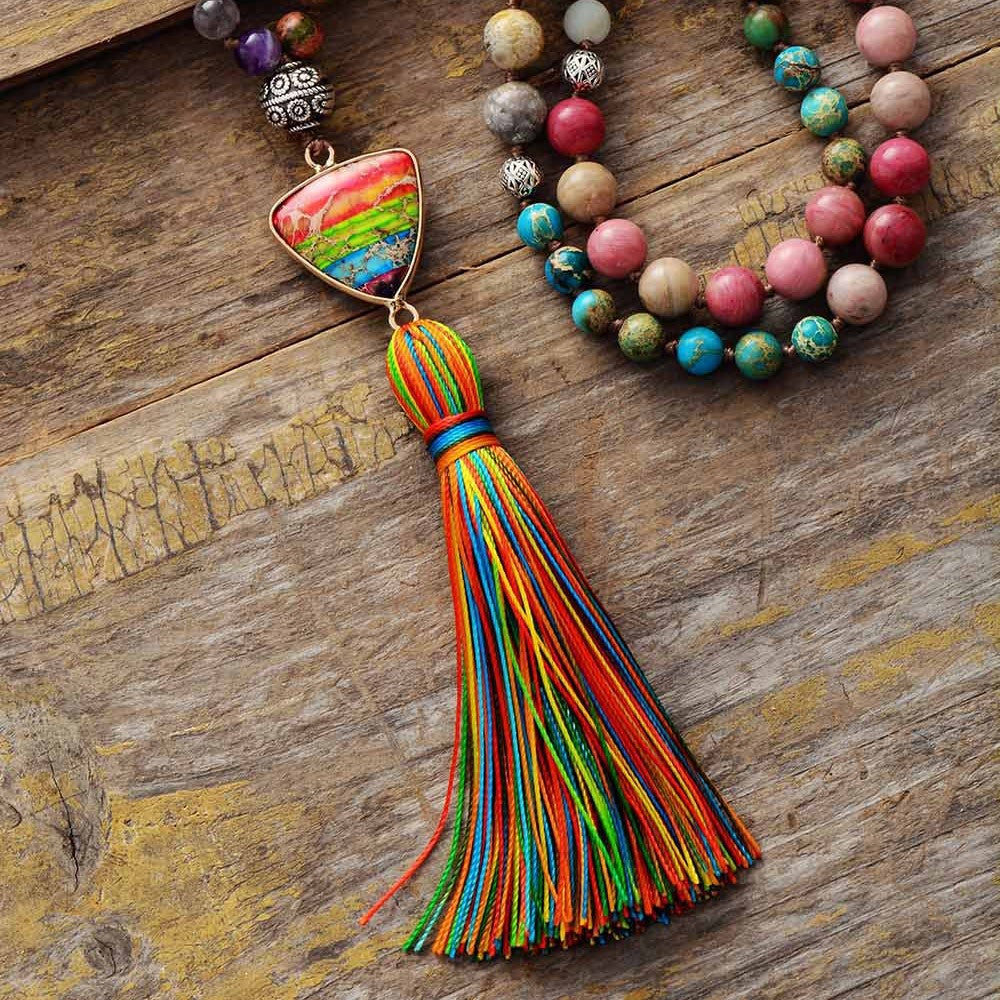 7 Color Chakra Natural Stone Knotted Pendant Tassel Necklace