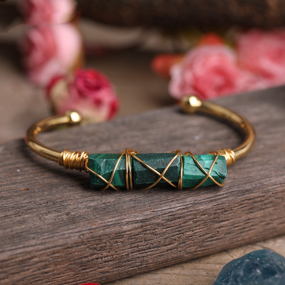 Gold Copper Wire Winding Bracelet Natural Black Tourmaline Beads