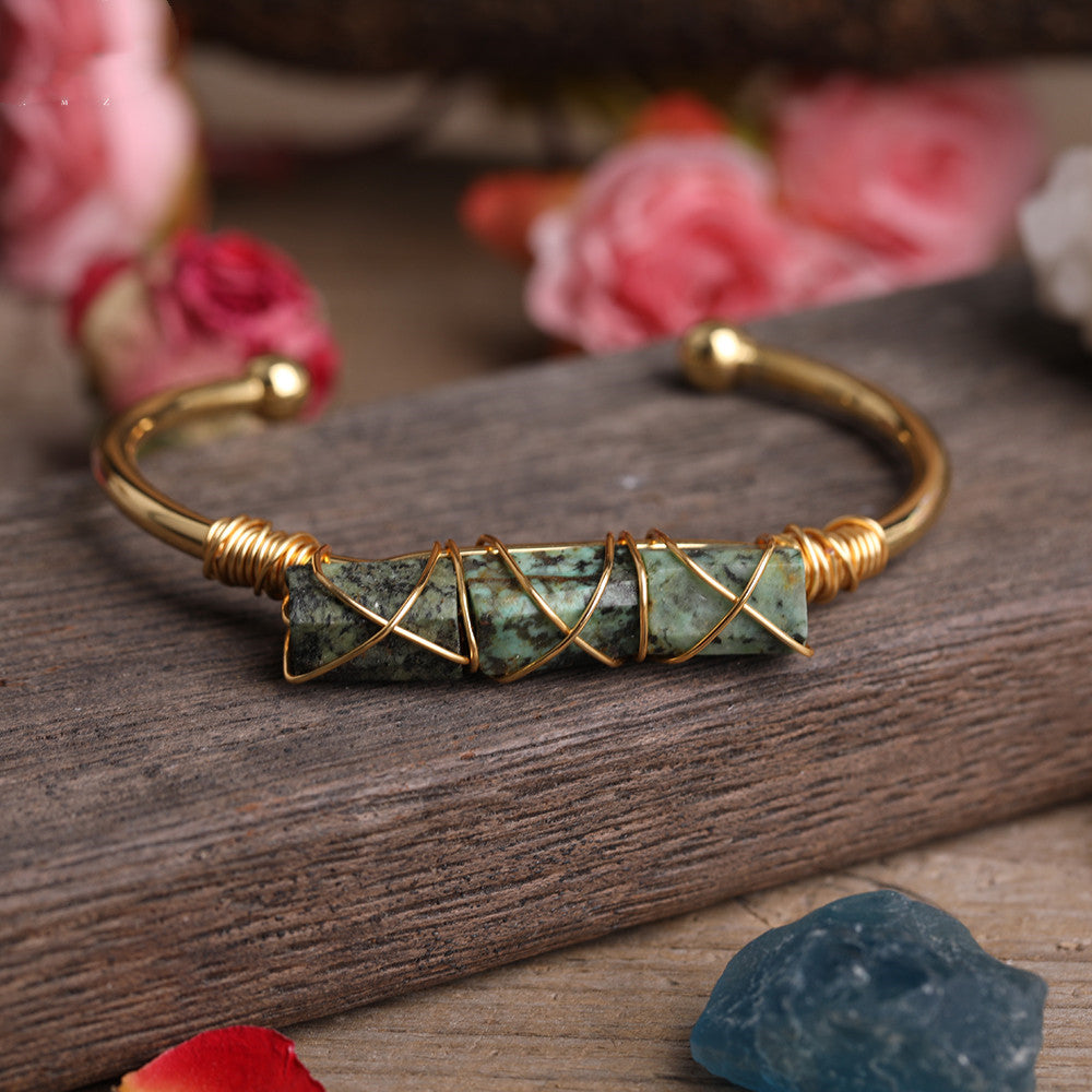 Gold Copper Wire Winding Bracelet Natural Black Tourmaline Beads