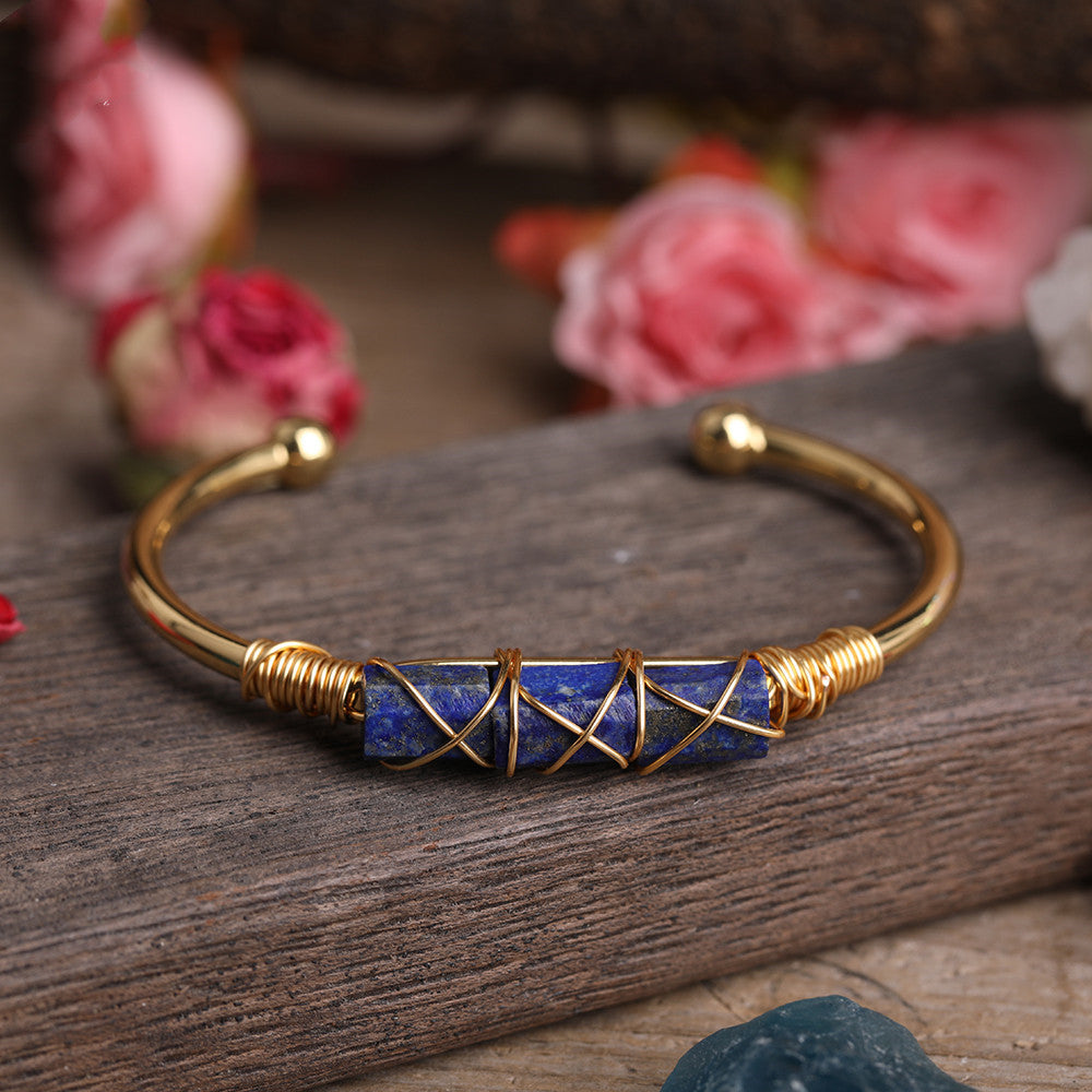 Gold Copper Wire Winding Bracelet Natural Black Tourmaline Beads