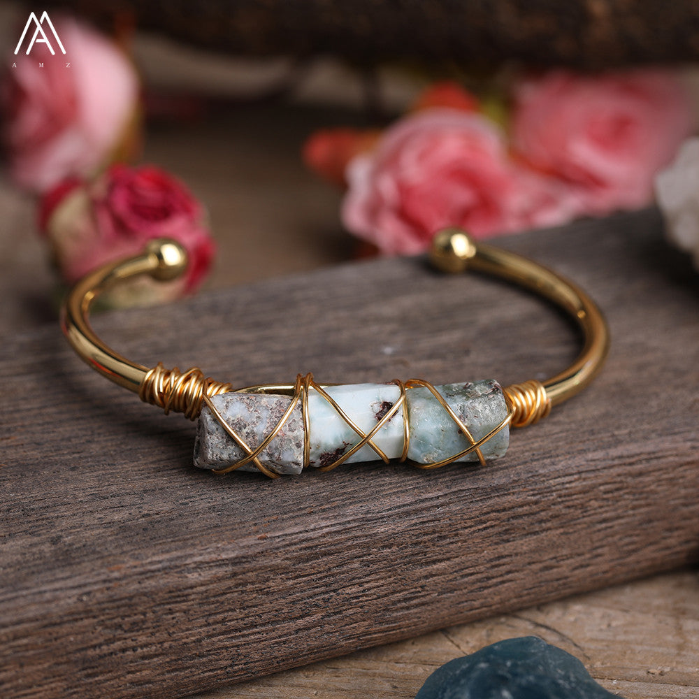 Gold Copper Wire Winding Bracelet Natural Black Tourmaline Beads