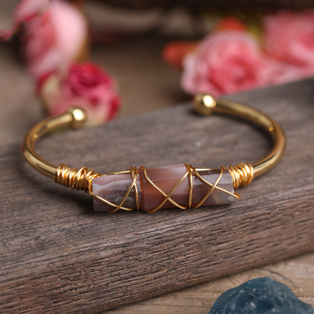 Gold Copper Wire Winding Bracelet Natural Black Tourmaline Beads