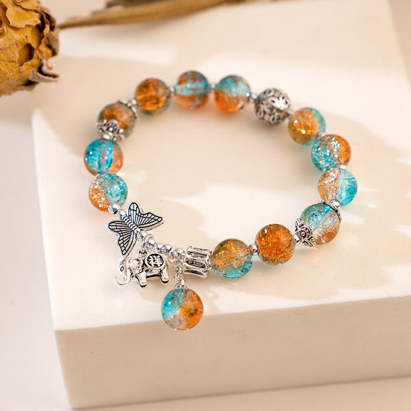 Chinese Style Butterfly Cracked Cystal Bracelet Gradient Beads Antique Silver Ladies