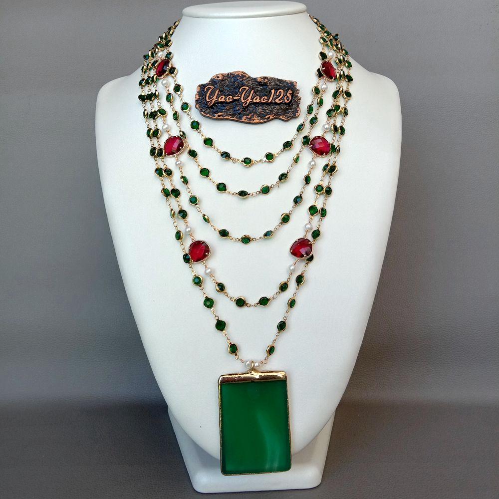 Green Onyx Pendant 5 Strand White Pearl Necklace