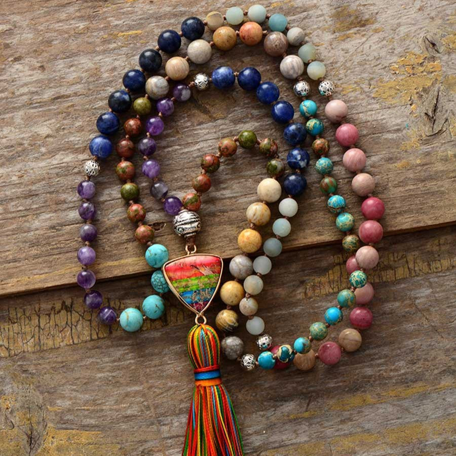 7 Color Chakra Natural Stone Knotted Pendant Tassel Necklace